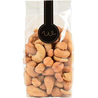 Saltristede cashewnødder i pose med lang label