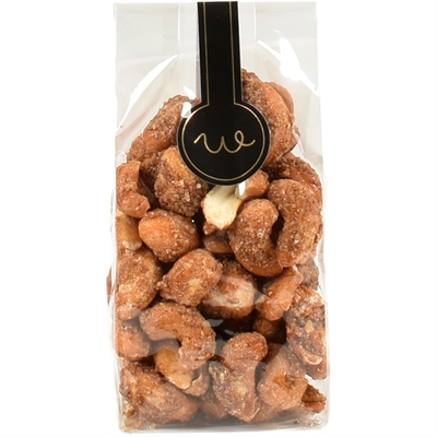 Honningristede saltcashewnødder i pose med lang label