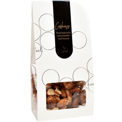 Honningristede salt cashevnødder i poseomslag