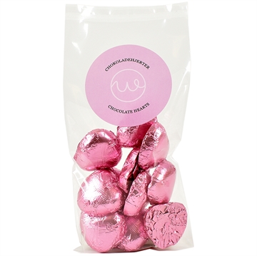 Lyse chokoladehjerter - Pink folie - i fladpose